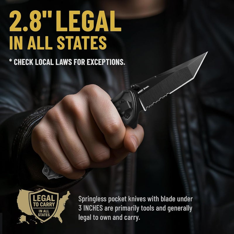 GOOD WORKER Legal Pocket Knife with Ball Bearing - 5 in 1 Knife - 2.8” Serrated Tanto Blade - with Glass Breaker & Seatbelt Cutter & Pocket Clip - Small Tactical Folding Knives for Men Women Hunting EDC 6620 B - Image 4